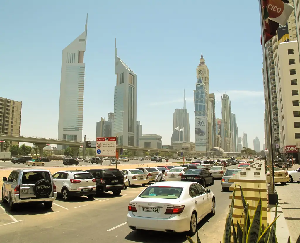 Emirates Towers and the Sheikh Zayed Road skyline in Dubai