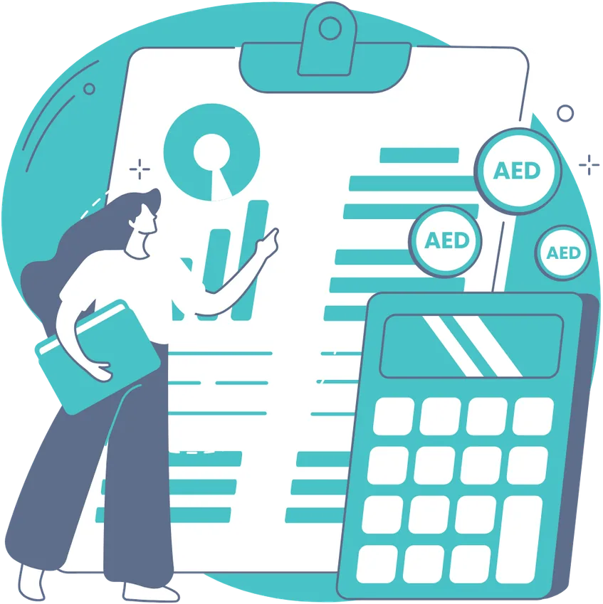 Illustration of an accountant beside a clipboard, calculator and AED figures